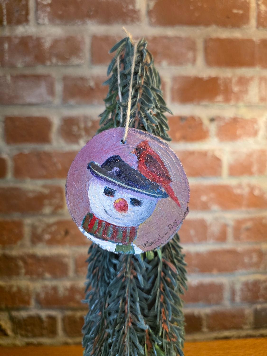 Tree Slice Ornament - Snowman w/Cardinal - 3" Tree Slice Ornament - Snowman w/Cardinal - 3"