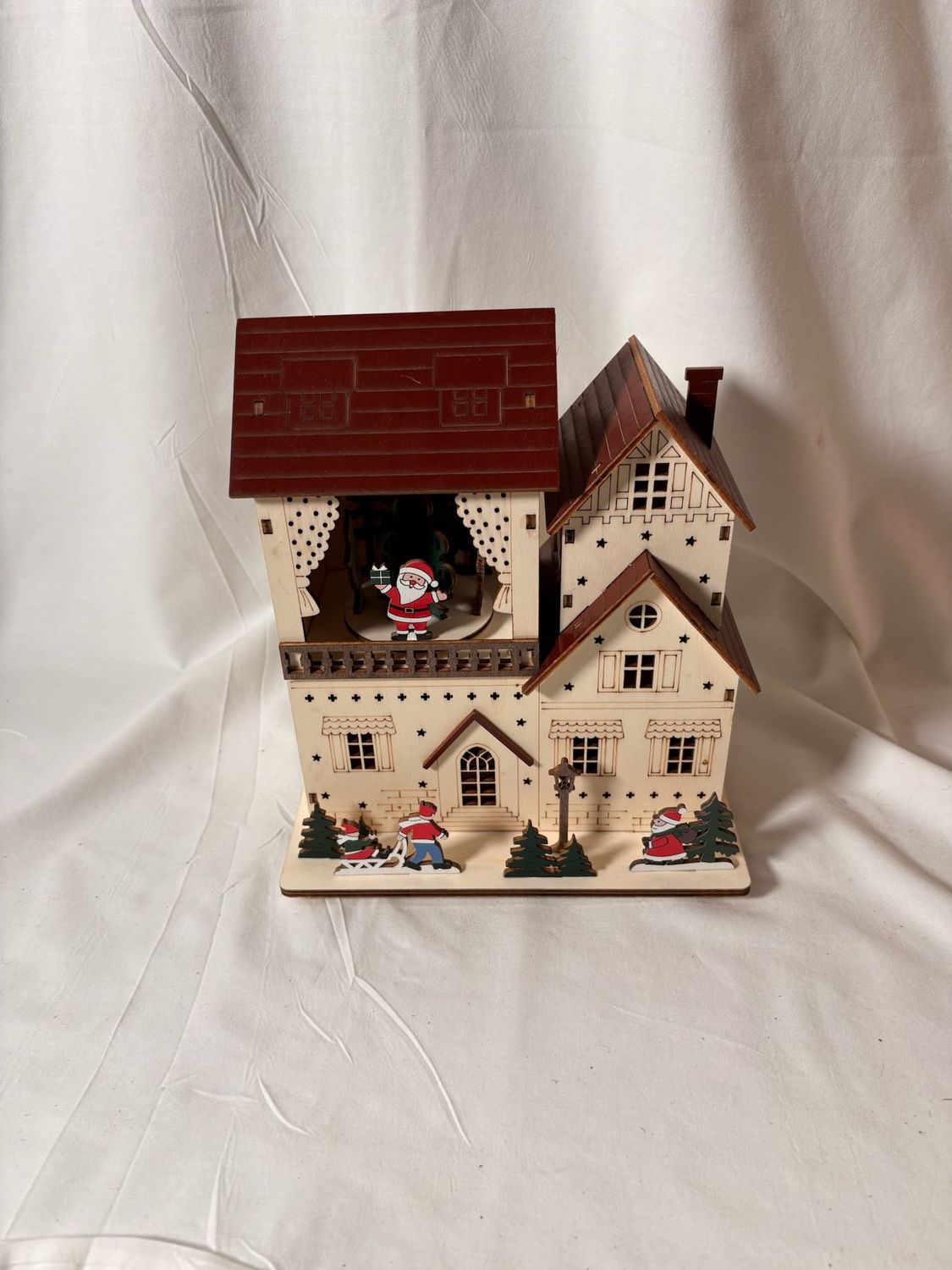 LED Wooden Scenery & Music Box - Colorful Christmas House w/Balcony LED Wooden Scenery & Music Box - Colorful Christmas House w/Balcony