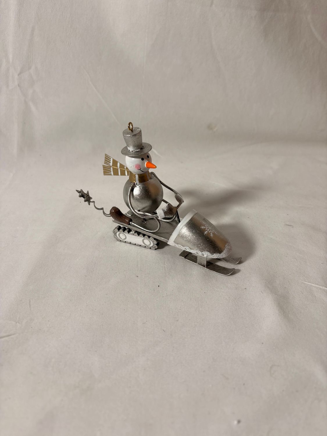 Silver Metal Snowman in Snowmobile Ornament 4" x 3.5"T