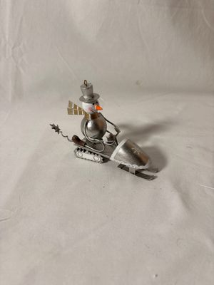 Silver Metal Snowman in Snowmobile Ornament 4" x 3.5"T