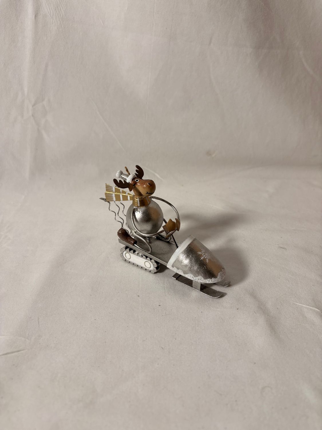 Silver Metal Moose in Snowmobile Ornament 4" x 3.5"T