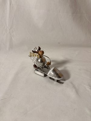 Silver Metal Moose in Snowmobile Ornament 4" x 3.5"T