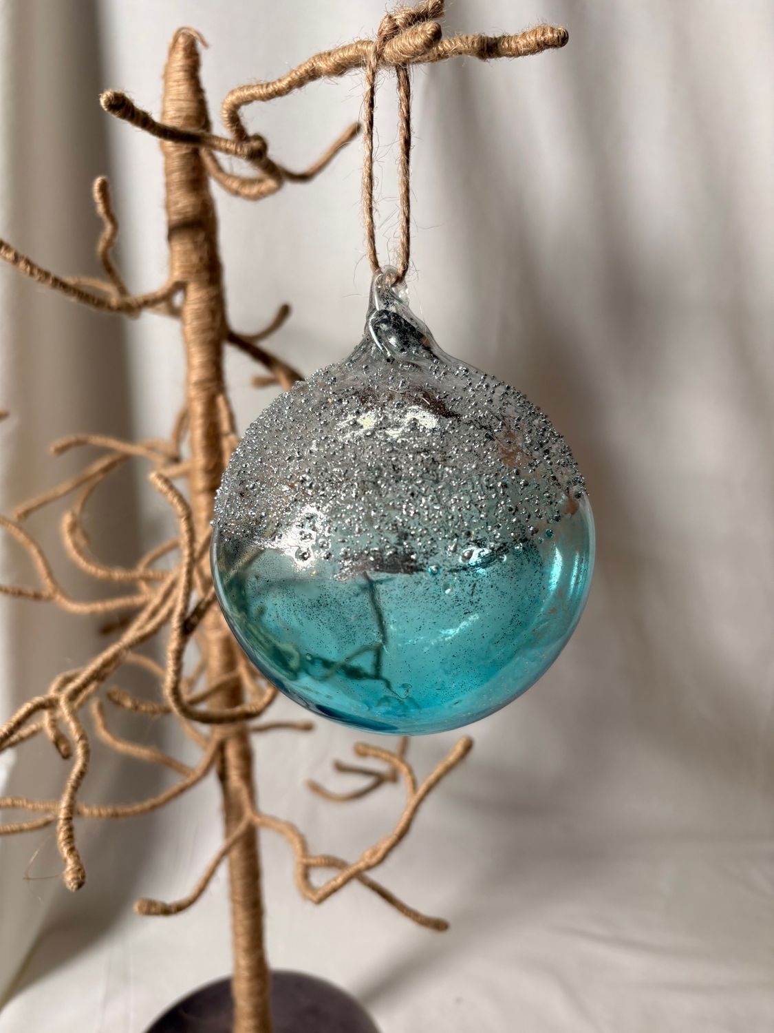 Blue Glass Ball w/Silver Ornament 4"