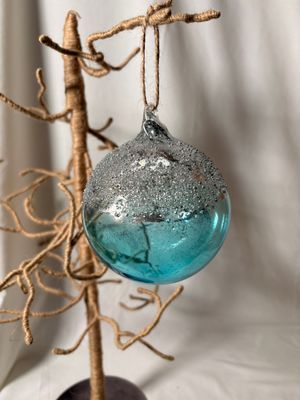 Blue Glass Ball w/Silver Ornament 4"