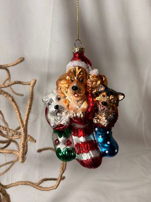 Glass Dogs in Stocking Ornament 5"