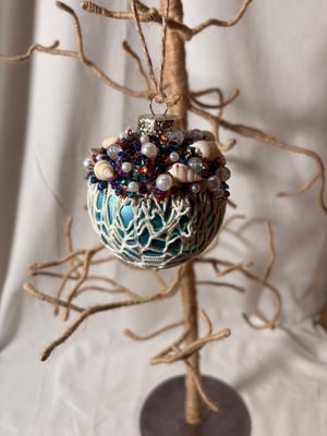 Glass Shell/Net Ornament Blue 4"