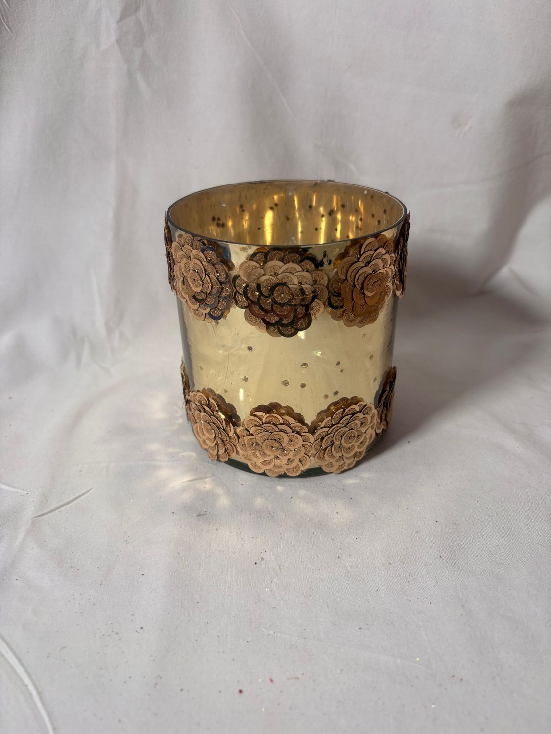 Glass Sequin Circle Trim Votive 4" x 4.5" - Gold Glass Sequin Circle Trim Votive 4" x 4.5" - Gold