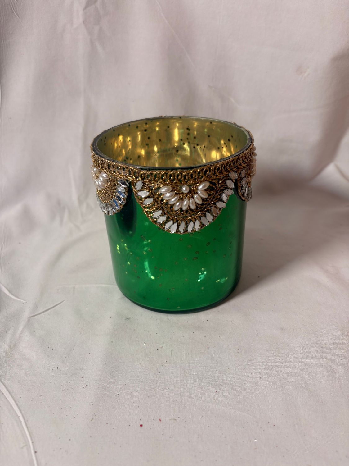 Glass Pearl Trim Votive 4" x 4.5" - Green Glass Pearl Trim Votive 4" x 4.5" - Green