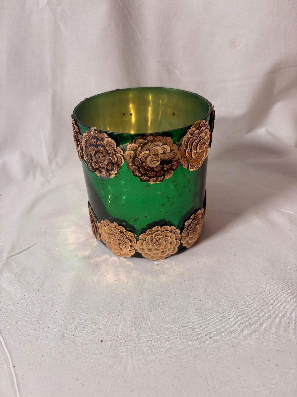 Glass Sequin Circle Trim Votive 4" x 4.5" - Green Glass Sequin Circle Trim Votive 4" x 4.5" - Green