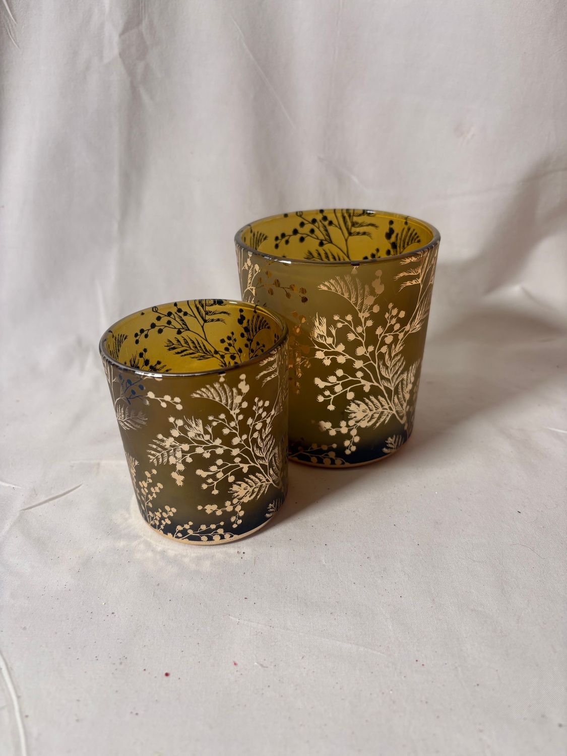 S/2 Green & Gold Leaves Votives 3.5" x 4" S/2 Green & Gold Leaves Votives 3.5" x 4"