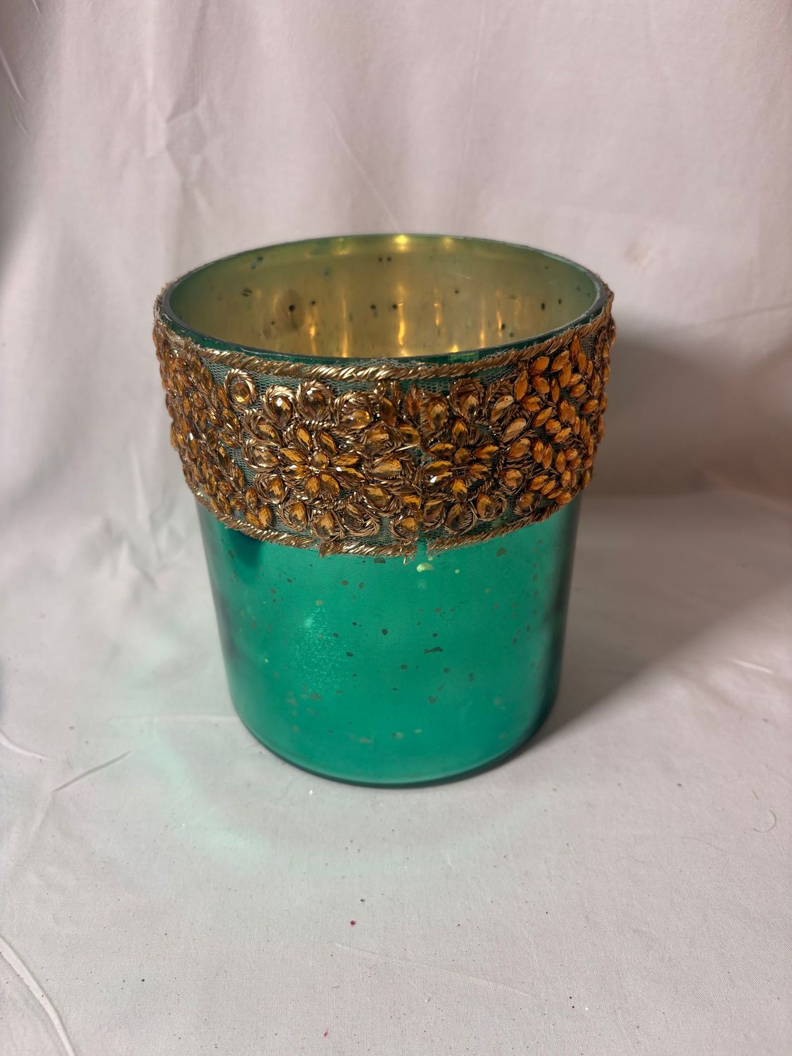 Glass Jewel Trim Votive 5" x 6" - Green/Gold Glass Jewel Trim Votive 5" x 6" - Green/Gold