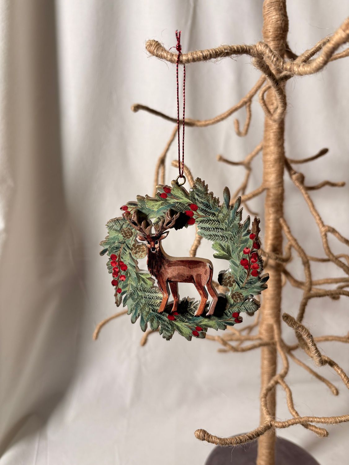 Wooden Deer in Wreath Ornament
