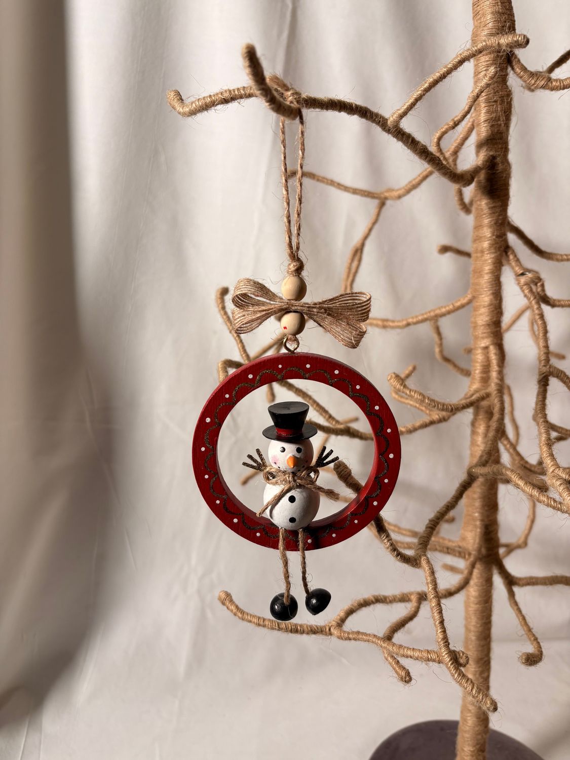 Wooden Snowman in Red Wreath Ornament 4"