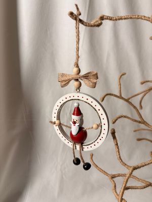 Wooden Santa in White Wreath Ornament