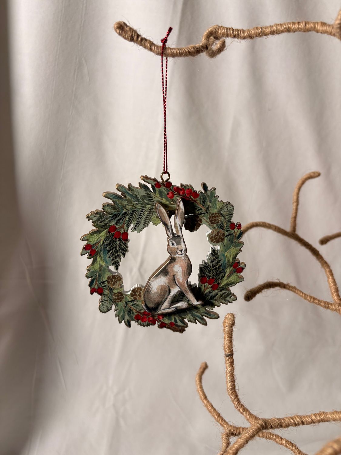 Wooden Rabbit in Wreath Ornament