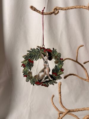 Wooden Rabbit in Wreath Ornament