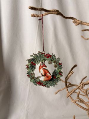 Wooden Fox in Wreath Ornament