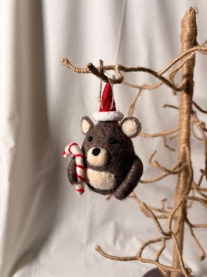 Felt Gray Bear w/Candy Cane Ornament