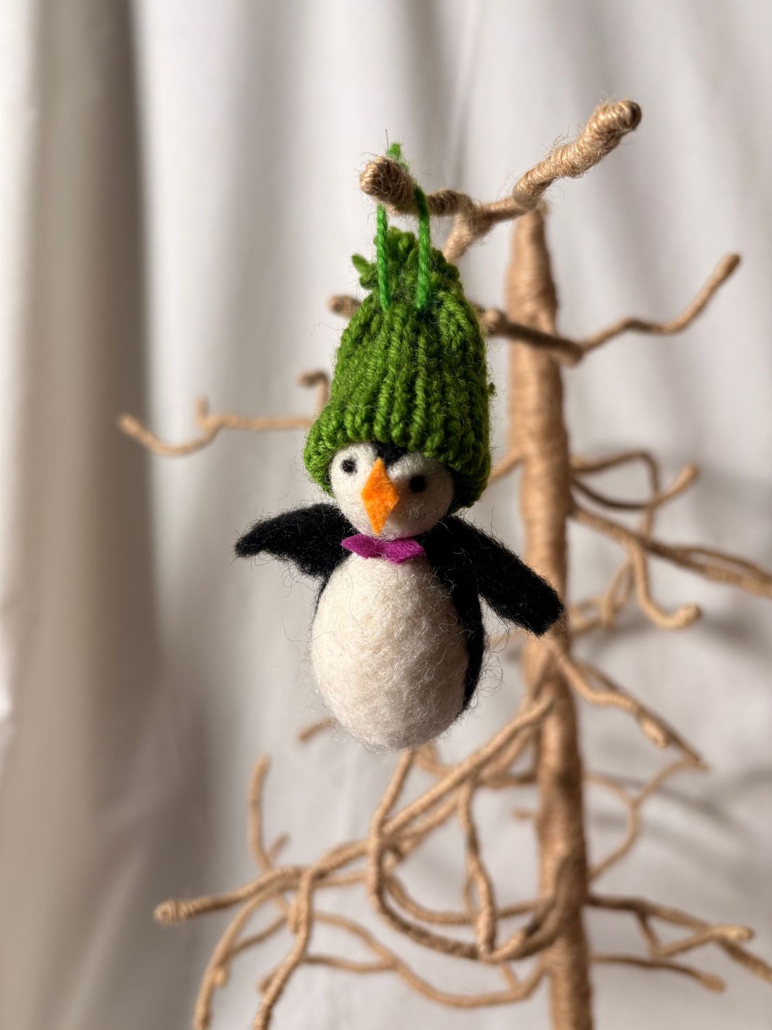 Felt Penguin w/Green Knit Hat Ornament