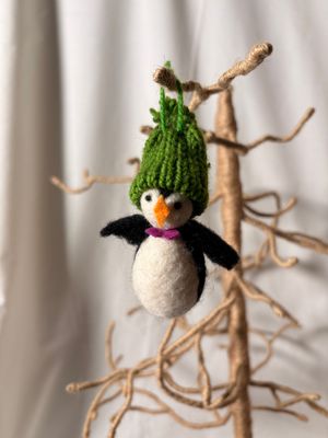 Felt Penguin w/Green Knit Hat Ornament