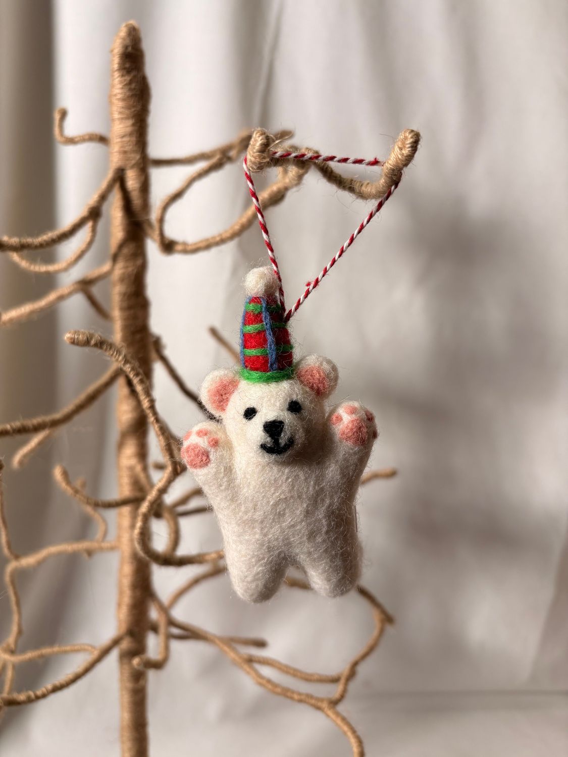 Felt White Bear w/Party Hat Ornament