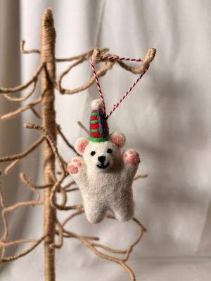 Felt White Bear w/Party Hat Ornament