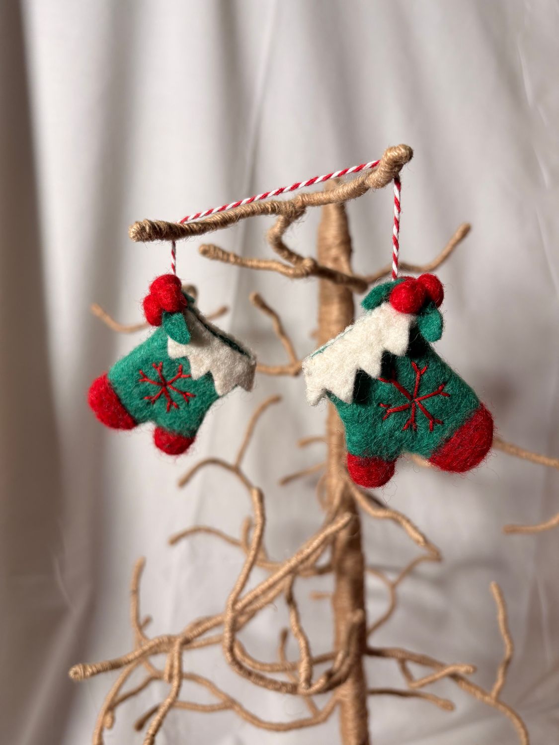 Felt Mini Mittens Ornament - Green/Red