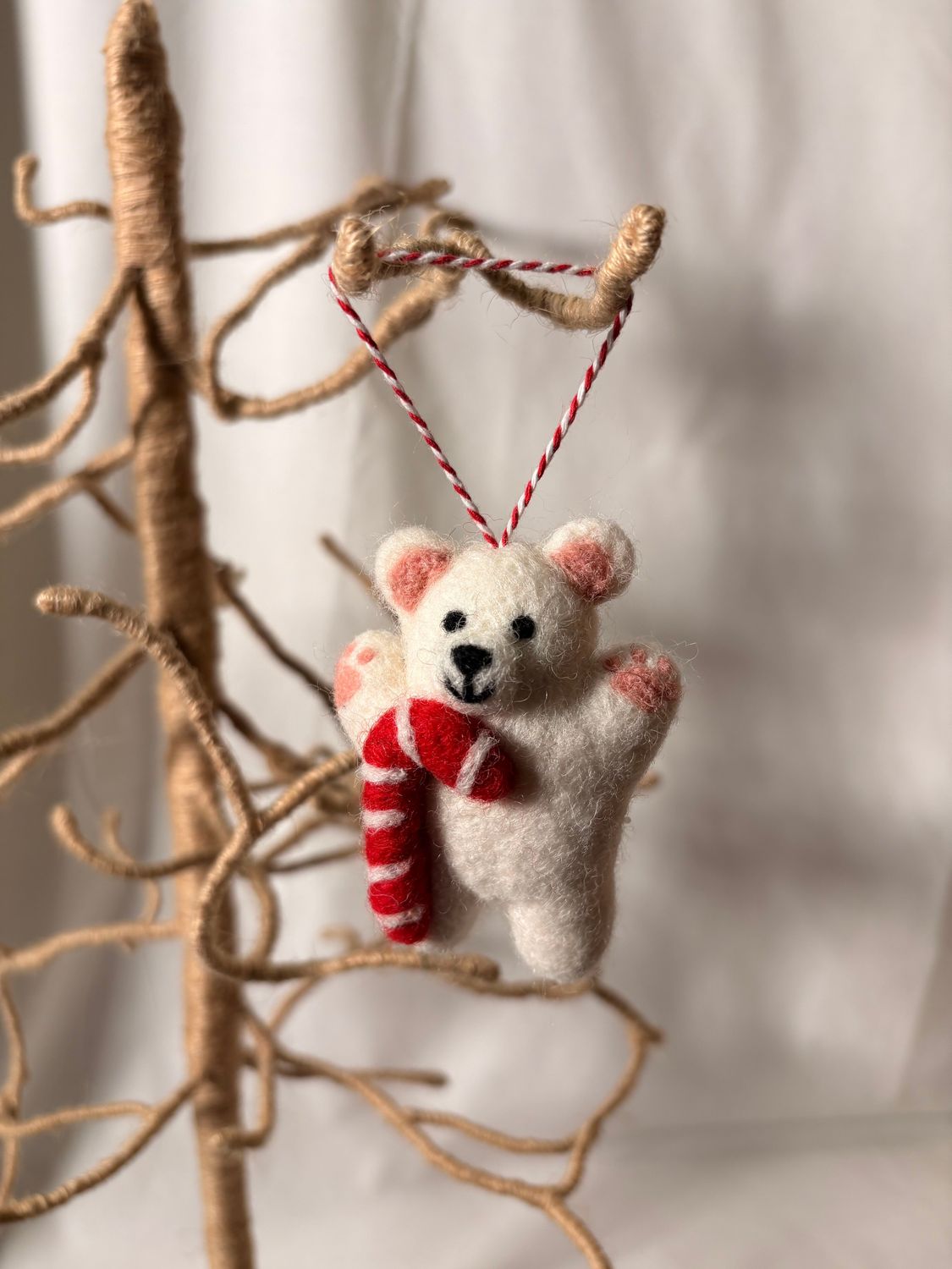 Felt White Bear w/Candy Cane Ornament
