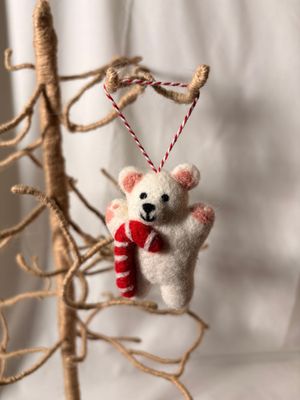 Felt White Bear w/Candy Cane Ornament