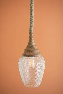 Clear Glass &amp; Mango Wood Pendant Light w/Rope