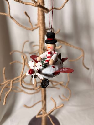 Metal Snowman in Airplane Ornament 3"