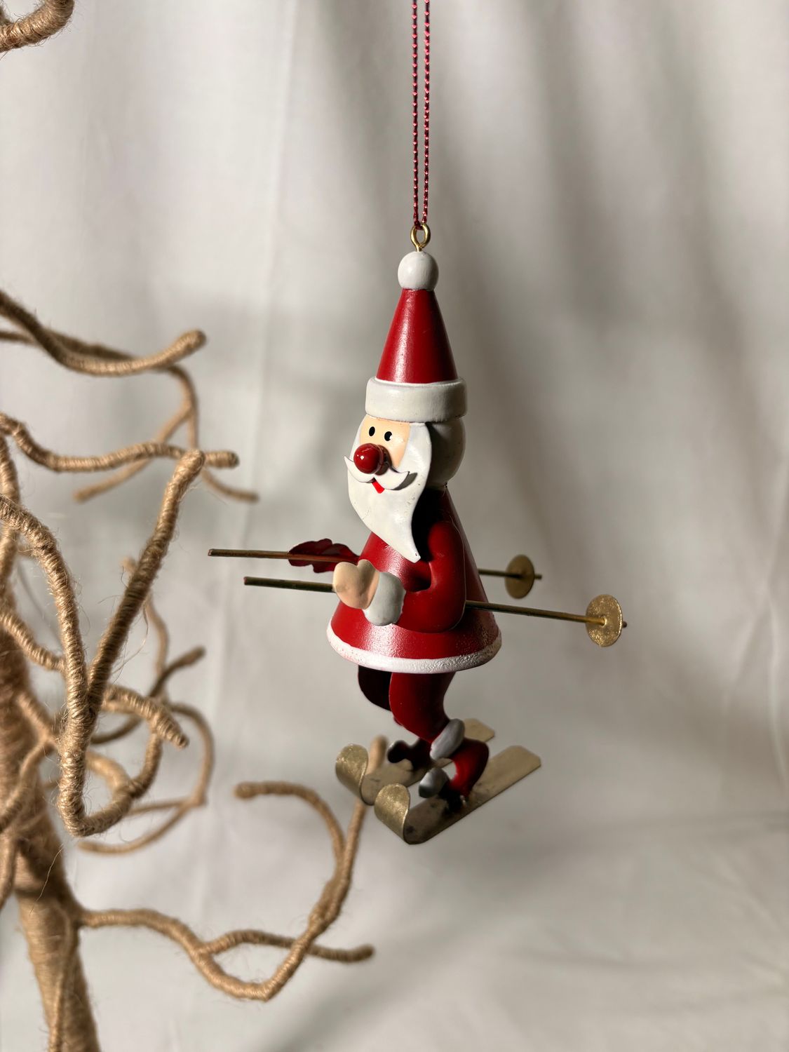 Metal Skiing Santa Ornament 6"