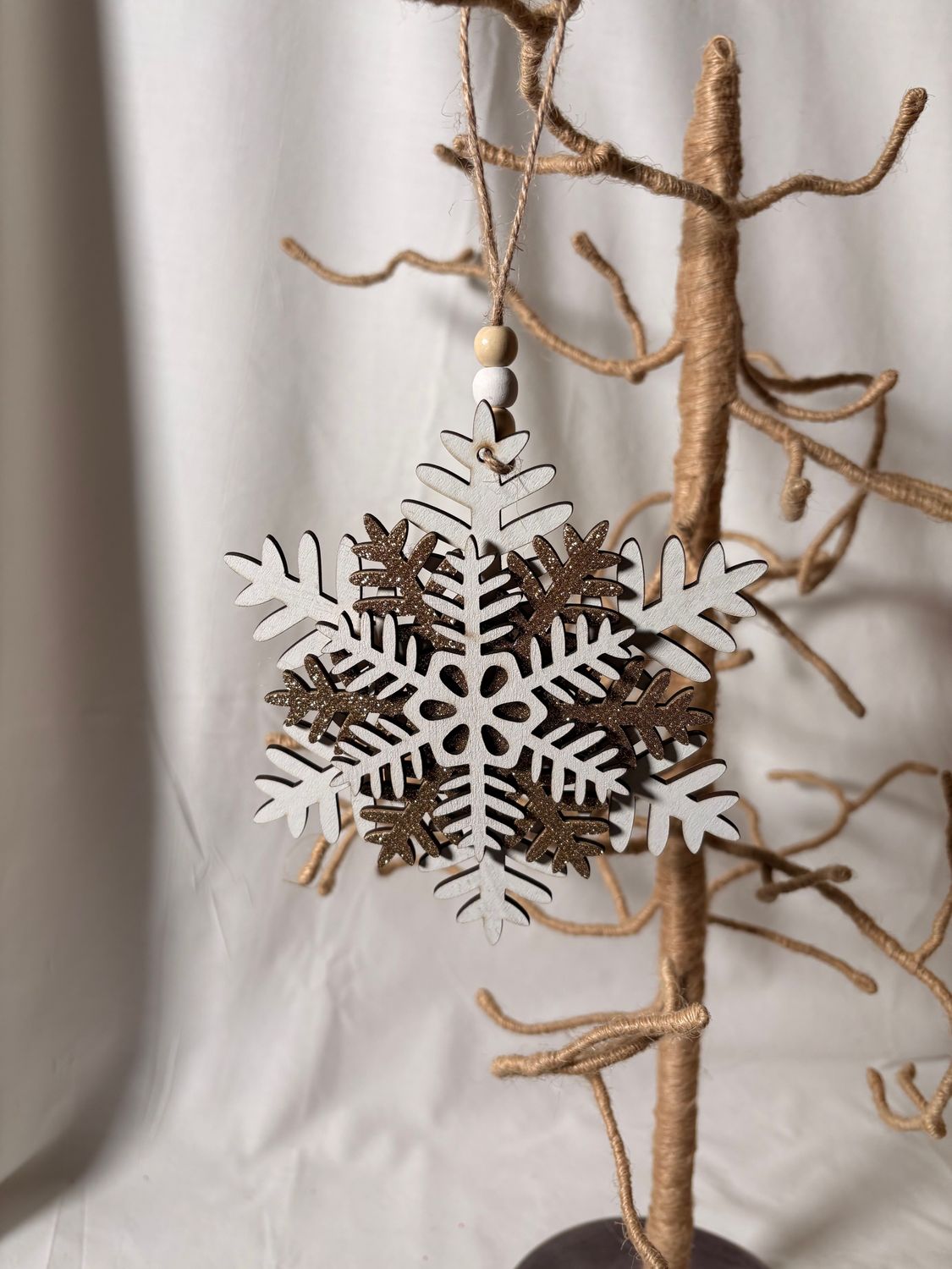 White/Gold Glitter Wooden Snowflake Ornament I 5.5" White/Gold Glitter Wooden Snowflake Ornament I 5.5"