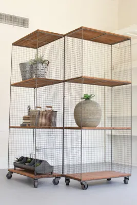 Two Hinged Raw Metal & Honey Wood Shelving Units On Casters Two Hinged Raw Metal & Honey Wood Shelving Units On Casters