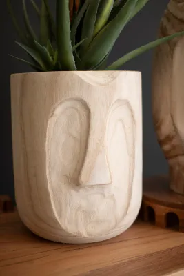 Wood Hand-Carved Face Planter Sm Wood Hand-Carved Face Planter Sm