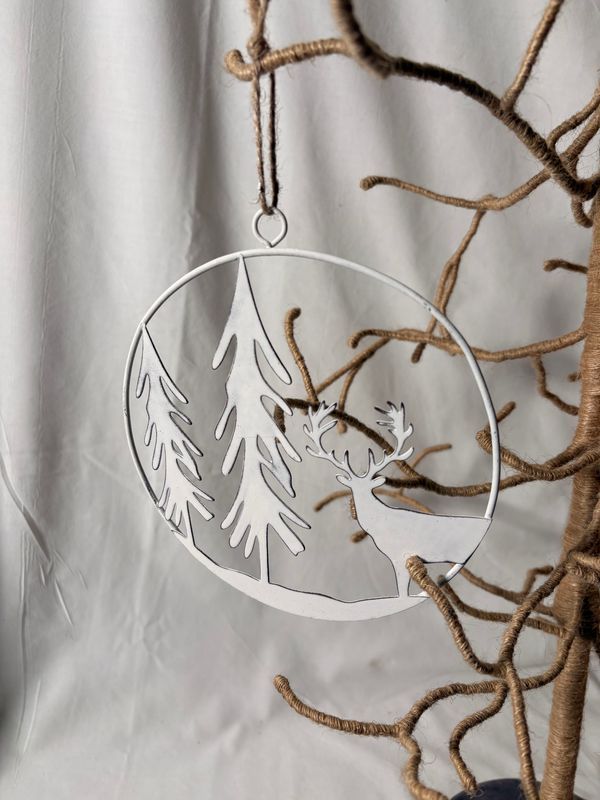 6" Metal White Forest Scene Ornament I 6" Metal White Forest Scene Ornament I