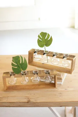 Four Glass Bud Vases w/a Recycled Wooden Stand Four Glass Bud Vases w/a Recycled Wooden Stand