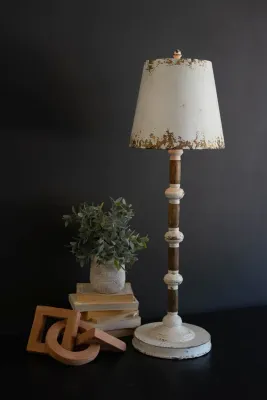 Antique White Table Lamp w/Wood Spindle &amp; Metal Shade