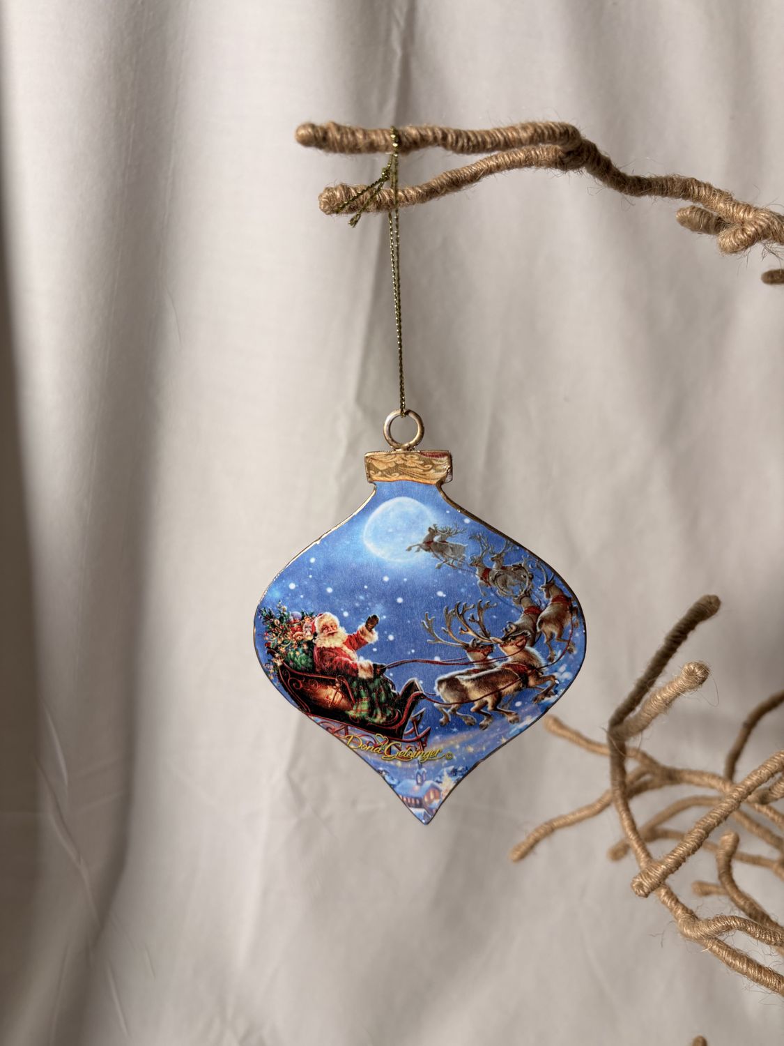 Vintage Metal Teardrop Ornament - Santa &amp; Reindeer