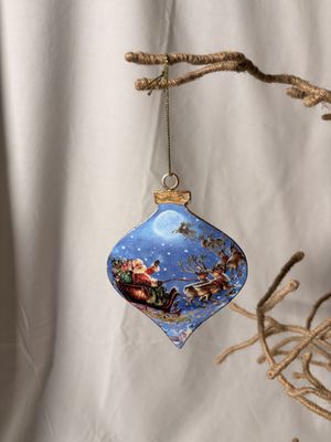 Vintage Metal Teardrop Ornament - Santa &amp; Reindeer