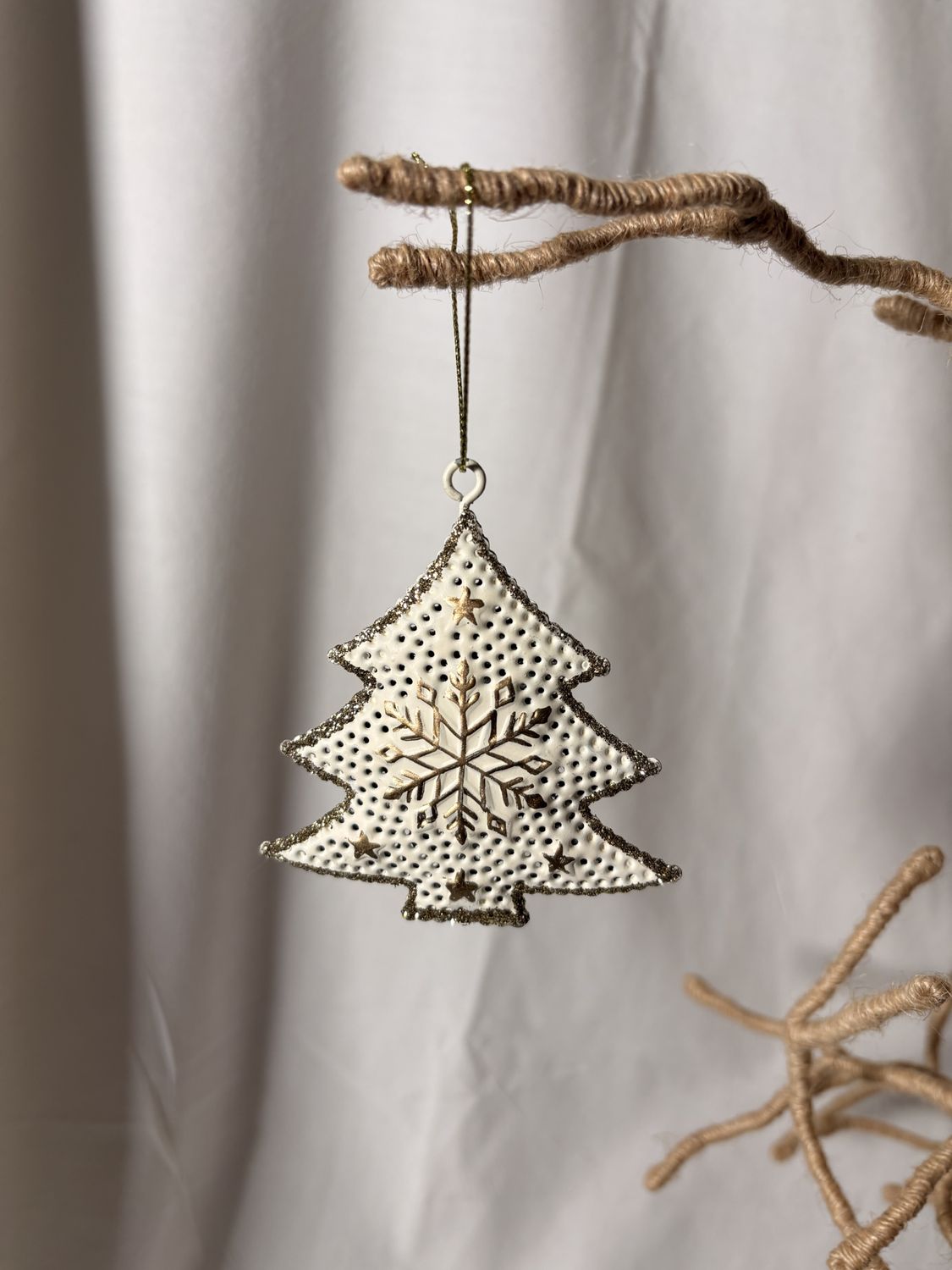 Stamped Metal White/Gold Ornament - Tree