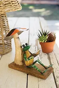 Recycled Iron Frog Leaning on a Mushroom