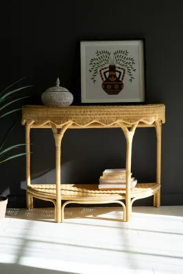 Demi-Lune Double Shelf Rattan Console