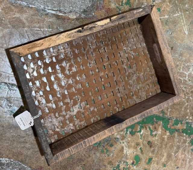 Lg Repurposed Perforated Metal Tray W/Wooden Frame
