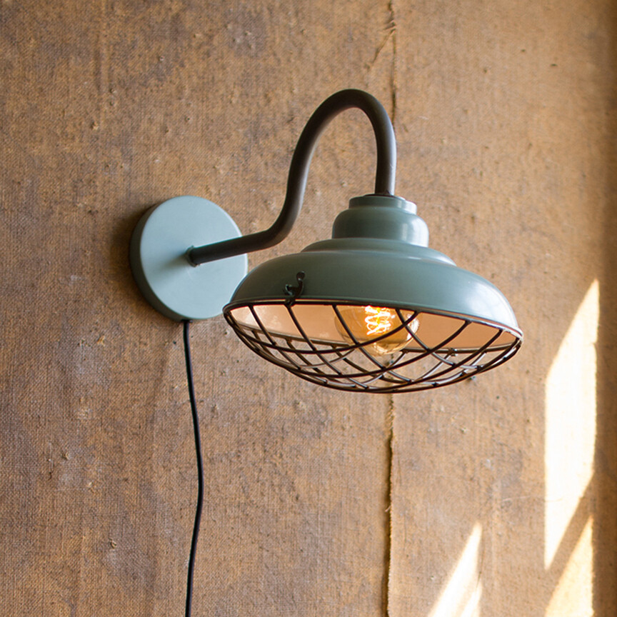 Industrial Blue Wall Sconce Light w/Wire Cage Industrial Blue Wall Sconce Light w/Wire Cage