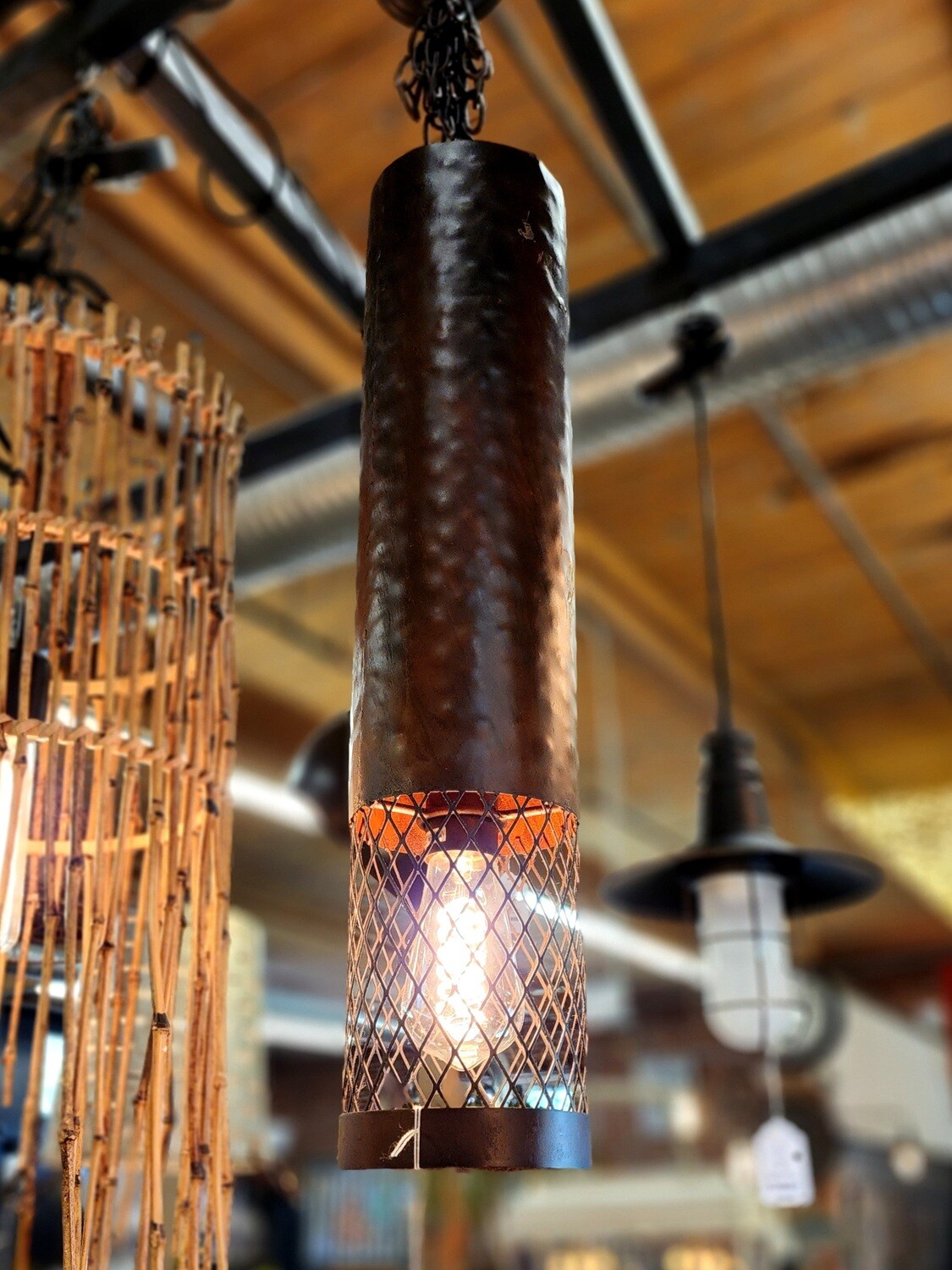 Metal Cylinder W/Wire Mesh Detail Pendant Light Metal Cylinder W/Wire Mesh Detail Pendant Light