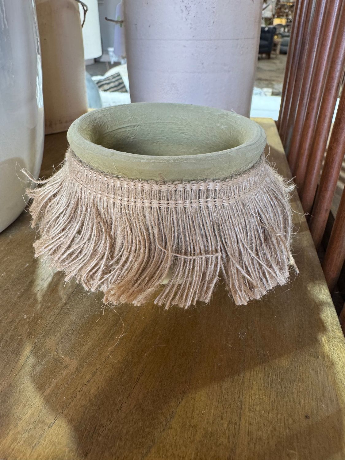Sm Green Clay Flower Pot With Jute Collar Sm Green Clay Flower Pot With Jute Collar