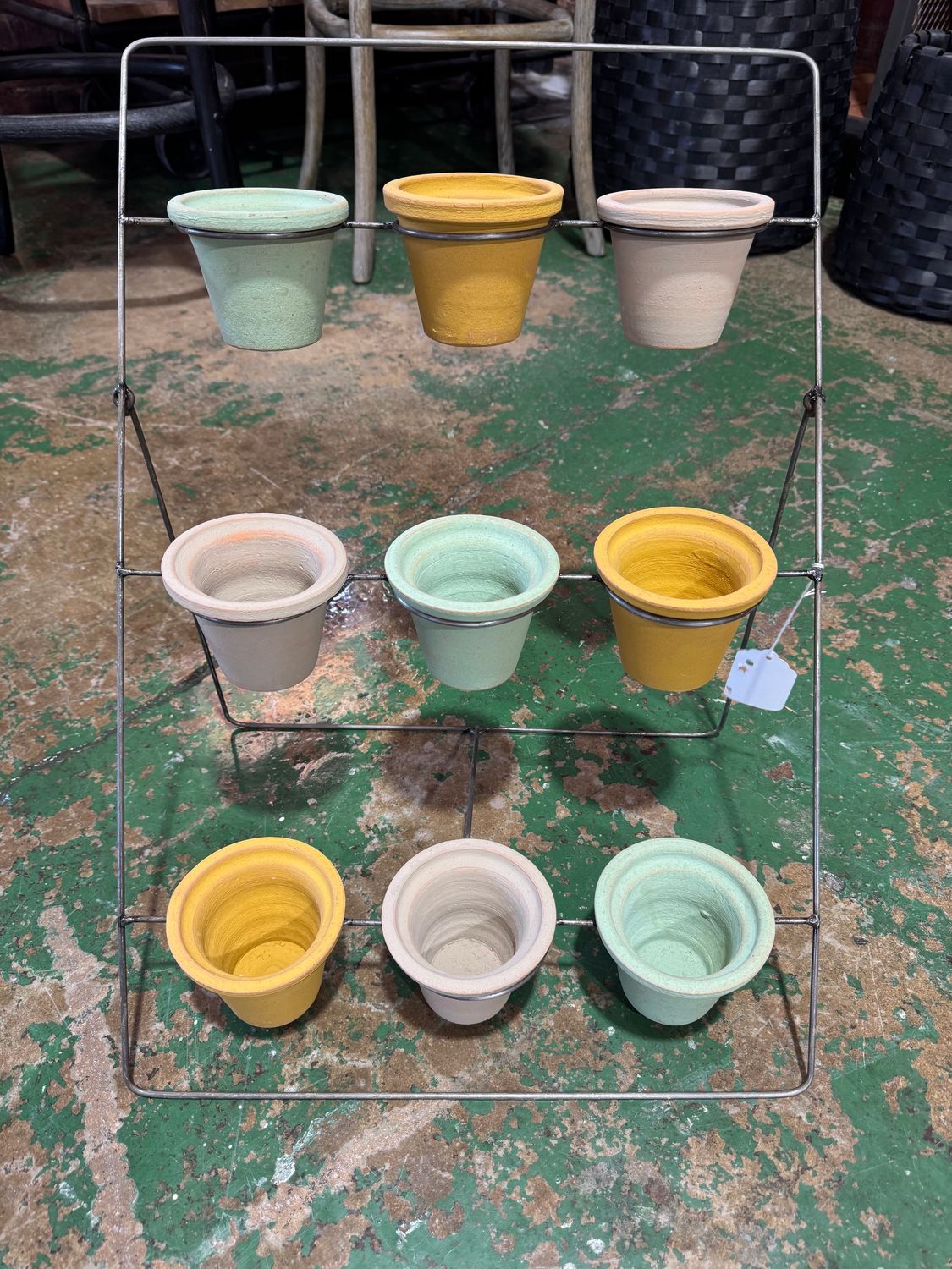 Folding Metal Planter With Nine Multi Color 3" Clay Pots Folding Metal Planter With Nine Multi Color 3" Clay Pots
