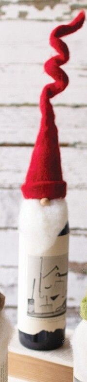 Felt Santa Wine Topper with Curly Hat-Red Felt Santa Wine Topper with Curly Hat-Red