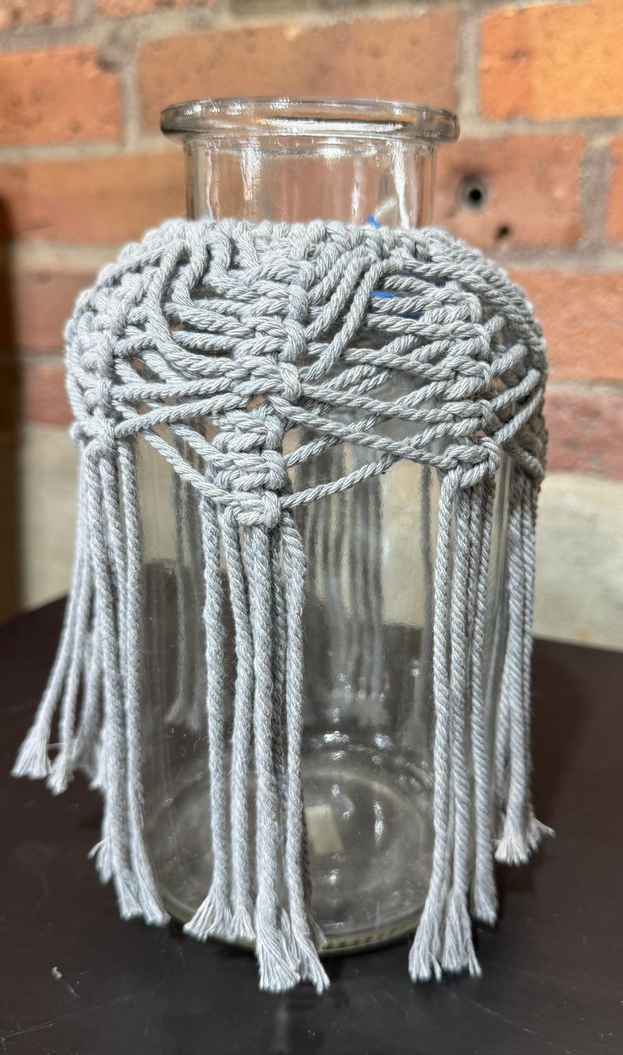 Glass Bud Vase w/Cotton Macrame Collar 4" x 8"t Glass Bud Vase w/Cotton Macrame Collar 4" x 8"t